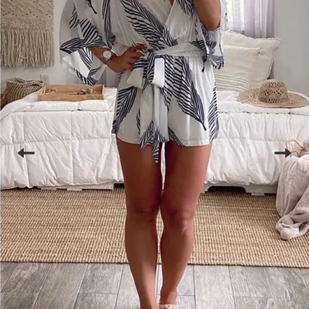 White and Black Leaf Print Romper